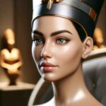 Uma representação artística de uma mulher com uma coroa e trajes que lembram a rainha Nefertiti do antigo Egito, exibindo uma expressão serena e confiante, com estátuas ao fundo.